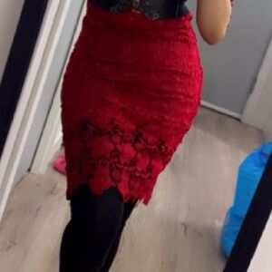 Red Ruched Knee-Length Pencil Skirt